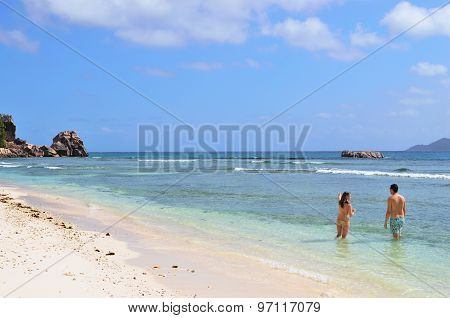 Granite Rocky Beaches On Seychelles Islands, La Digue, Anse Severe
