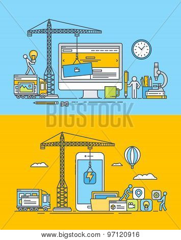 Set of thin line flat design concepts of web and mobile sites and apps design and development