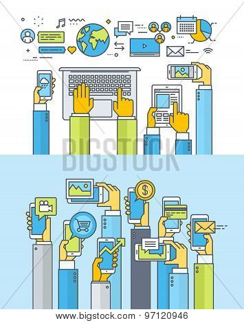 Set of thin line flat design concepts for web and mobile apps and services