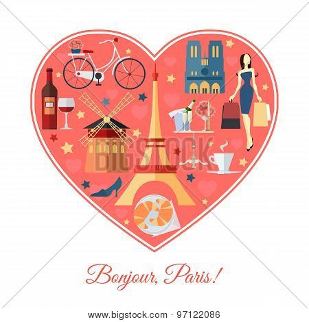 Bonjour, Paris. France travel background with place for text. Isolated heart shape with France flat