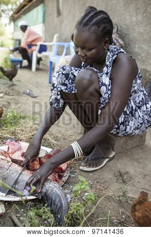 BOR, SOUTH SUDAN-DECEMBER 3, 2010: Unidentified woman prepares fresh fish to cook in the town of Bor, South Sudan