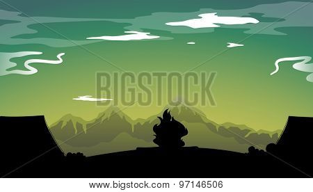 Silhouette camping site with tent and campfire