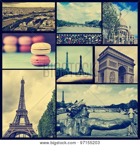 collage of some pictures of different landmarks in Paris, France such as the Eiffel Tower, the Basilica of the Sacred Heart, some bridges above the Seine River or the Arc de Triomphe, cross processed