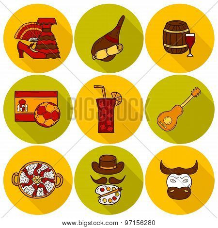 Set of cartoon drawn icons on Spain theme: flag, bull, ball, flamenco, guitar, jamon. Travel europe