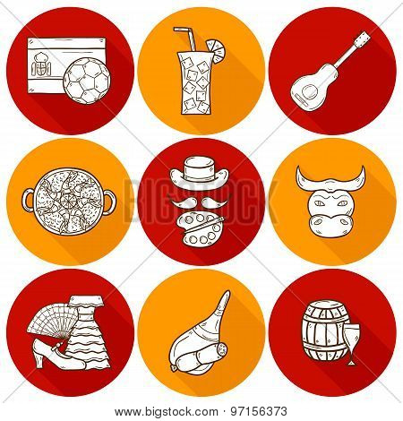 Set of cartoon drawn icons on Spain theme: flag, bull, ball, flamenco, guitar, jamon. Travel europe
