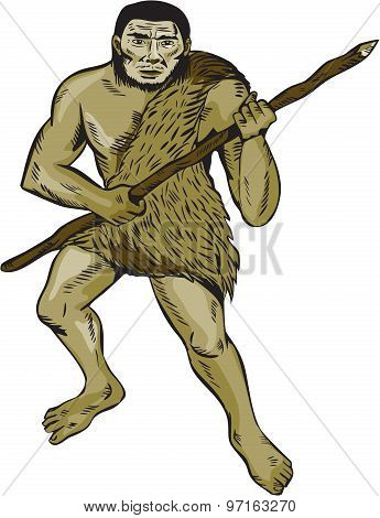 Neanderthal Man Holding Spear Etching