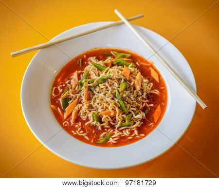 Chinese Noodles with Vegetables. Top View