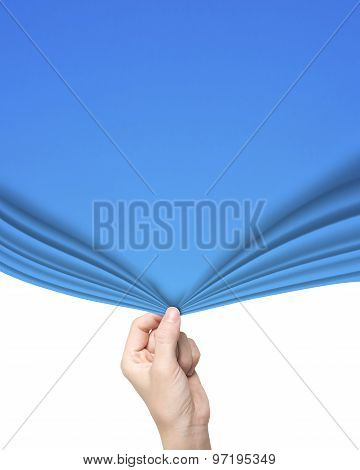 Woman Hand Pulling Open Blue Curtain Covering Blank White