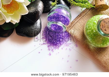 Natural Bath Salts On White Table Top View