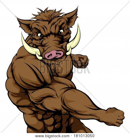 A tough muscular boar character sports mascot attacking with a punch