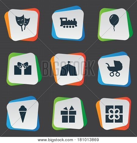 Vector Illustration Set Of Simple Holiday Icons. Elements Aerostat, Train, Sweet Dessert And Other Synonyms Ribbon, Circus And Mask.
