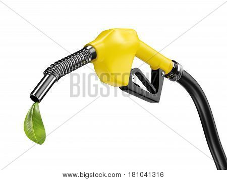Yellow fuel pump nozzle with green leaf. Bio eco fuel concept. 3d rendering