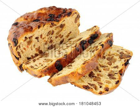 Traditional Irish Barmbrack sweet fruit bread loaf isolated on a white background
