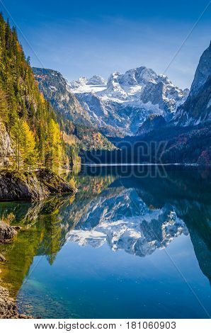 Autumn Scenery With Dachstein Mountain At Gosausee, Salzkammergut, Austria