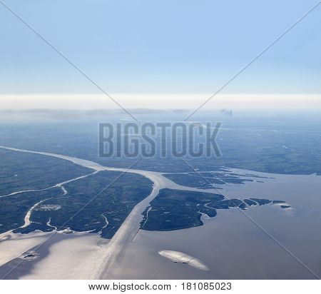 Aerial view of Rio de la Plata (River of Silver in English). The Río de la Plata is the estuary formed by the confluence of the Uruguay River and the Paraná River on the border between Argentina and Uruguay.