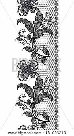 Pattern border seamless. Delicate openwork weaving. Black lace vintage elegant trim design elements can be used as napkins borders ribbons and other decorations.