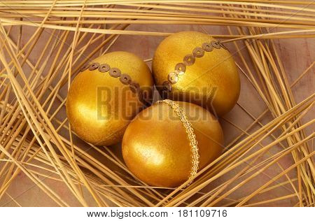 Easter golden eggs and dry reeds still life on a colored background