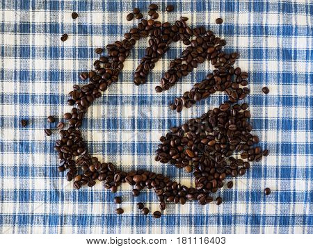 Hand print with coffee beans on blue and white square fabric