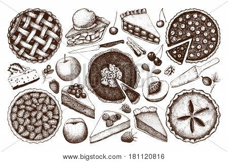 Vintage set of traditional cake, tart and pie sketch. Sweet bakery. Top view.