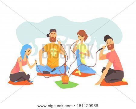 Young Cool People Smoking Hookah Sitting On The Floor Illustration With Smokers And Vapers. Cartoon Vector Characters Using Alternative Ways To Smoke Tobacco.
