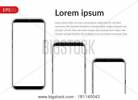 Phone, mobile smartphone isolated on white background template. Realistic vector illustration mockup three phones for banner or advertising.