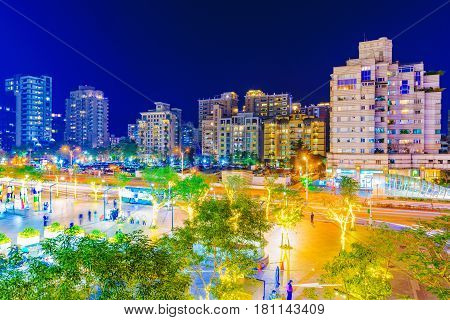 TAIPEI TAIWAN - FEBRUARY 16: View of High rise apartment buildings in Xinyi financial district at night on February 16 2017 in Taipei