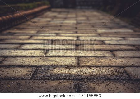 Vintage stone pavement pathway with vanishing point as ancient background in vintage style