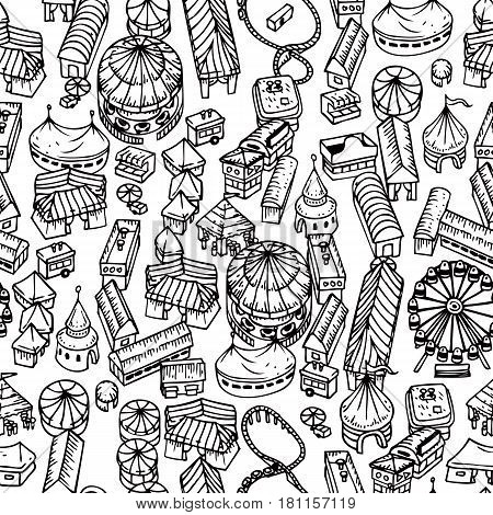 Fair Seamless Pattern. Hand Drawn Black and White Illustration