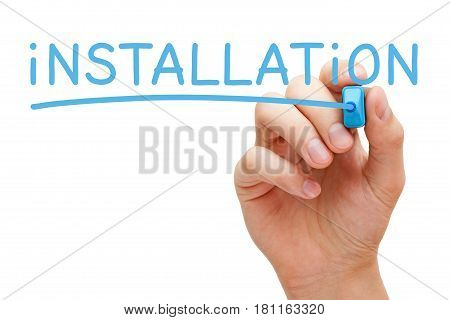 Hand writing Installation with blue marker on transparent wipe board.