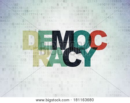 Politics concept: Painted multicolor text Democracy on Digital Data Paper background
