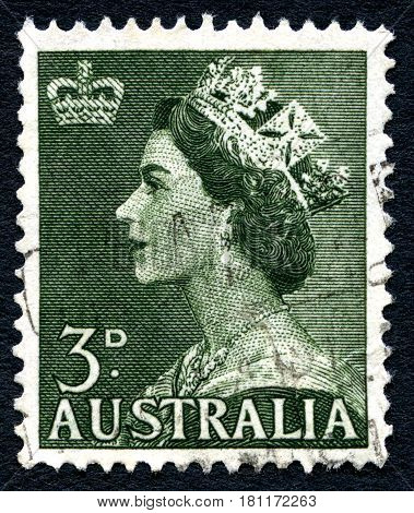 AUSTRALIA - CIRCA 1953: A used postage stamp from Australia depicting a portrait of Queen Elizabeth II circa 1953.