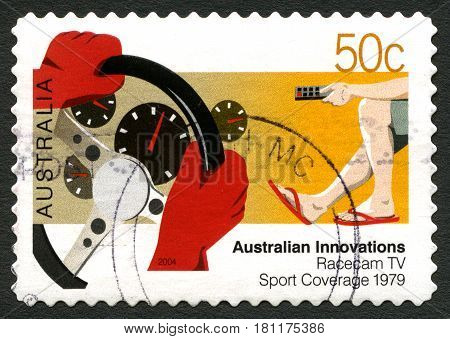 AUSTRALIA - CIRCA 2004: A used postage stamp from Australia celebrating Australian Innovations - this one commemorating Racecam TV Sports Coverage circa 2004.