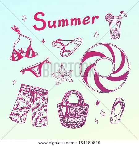 Summer beach party doodle set. Vector hand drawn illustration on light gradient background for your design.