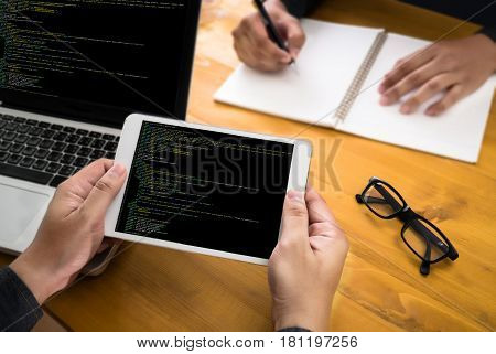 "developer Team Working Laptop Computer Mobile Application Softwareand Web Design Online Technology