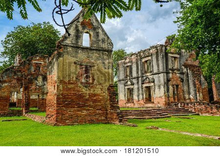 Ruin residence for Ambassador (Wichayen house) during King Narai era the travel destination in Lopburi Thailand