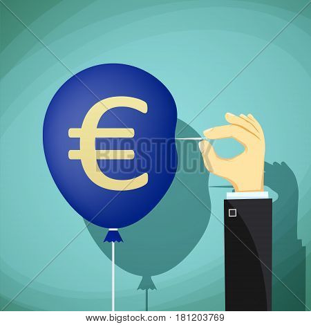 Hand with needle pierces the balloon. Euro currency symbol. Stock vector illustration.