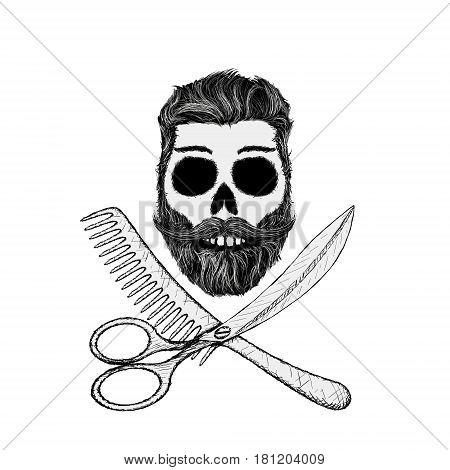 Hipster skull with hair style beard and mustache. Stock vector illustration.