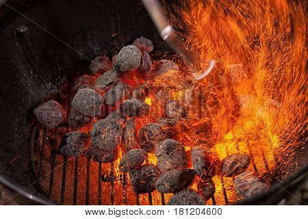 Empty Hot Charcoal Barbecue Grill With Flame.
