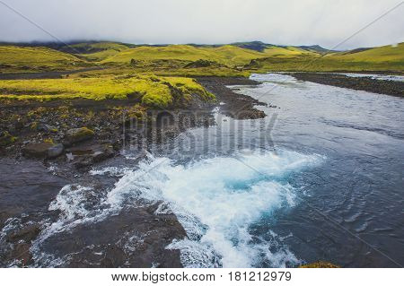 Famous icelandic popular tourist destination and hiking hub in Iceland's highlands Landmannalaugar colorful mountains landscape view, South Iceland