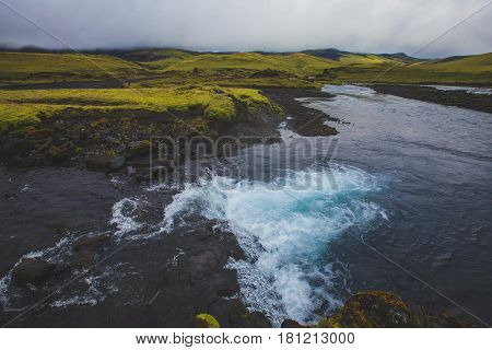Famous icelandic popular tourist destination and hiking hub in Iceland's highlands Landmannalaugar colorful mountains landscape view, South Iceland