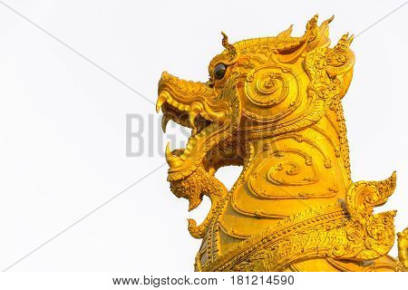 closeup head of Singha or antique lion art temple decoration in Thailand.