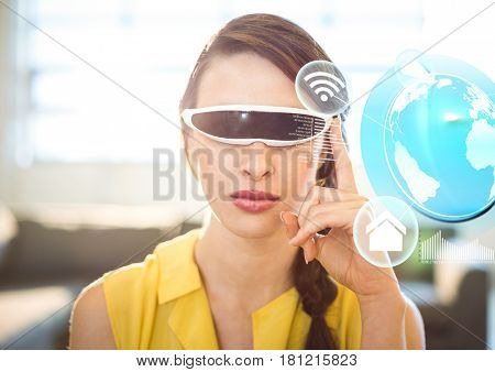 Digital composite of Woman wearing VR Virtual Reality Headset with Interface