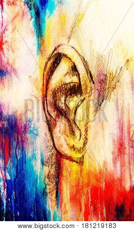 artistic sketch of face parts, detail of ear, on colorful structured abstract background