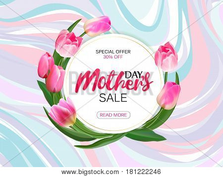 Mother's day sale offer banner template. Round frame with lettering on marble background. Feminine sale tag. Shop market poster design. Vector illustration. Elegant luxury design.