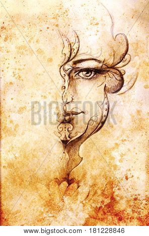 Mystic woman with ornament on face. pencil drawing on old paper. Color effect