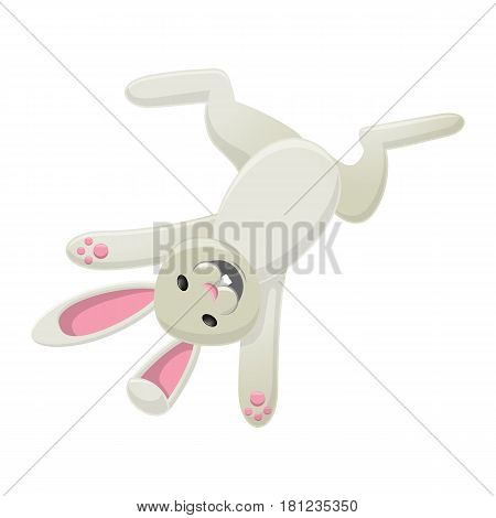 Smiling white bunny head over heels isolated on white. Easter symbol with pink long ears, open mouth and two teeth standing upside down. Vector illustration of lovely spring mascot in cartoon style