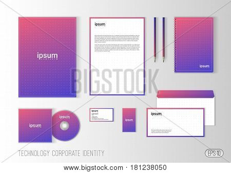Corporate identity template for technology company, modern stationery template design for business. Brochure cover, letterhead, envelope, business card, pen, CD cover. Minimalistic brand identity.