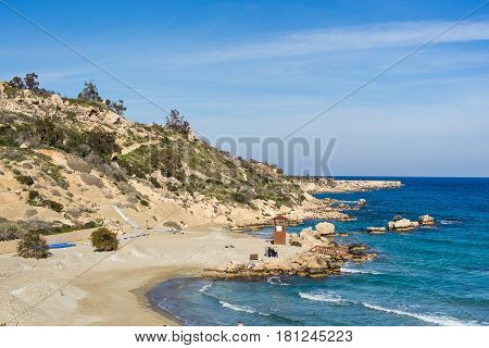 Beautiful landscape near of Nissi beach and Cavo Greco in Ayia Napa, Cyprus island, Mediterranean Sea. Amazing blue green sea and sunny day