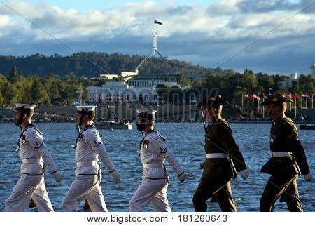 Canberra Australia - Mar 18 2017. Australian Federation Guard conduct small arms at Gallipoli Reach. AFG is a ceremonial unit made up from the Royal Australian Navy Army and Air Force.