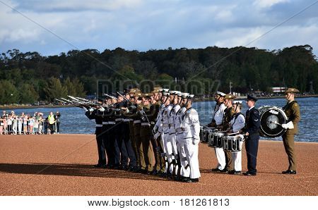 Canberra Australia - Mar 18 2017. Australian Federation Guard conduct small arms at Gallipoli Reach. AFG is a ceremonial unit made up from the Royal Australian Navy Army and Air Force.
